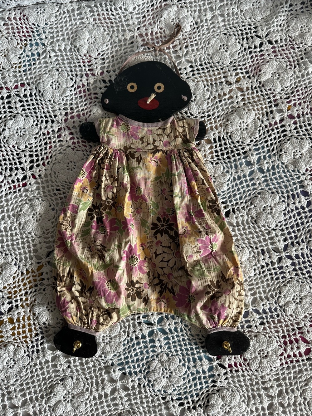 Vintage 1940’s Handmade Floral Fabric Vlack Americana Doll Wall Hanger